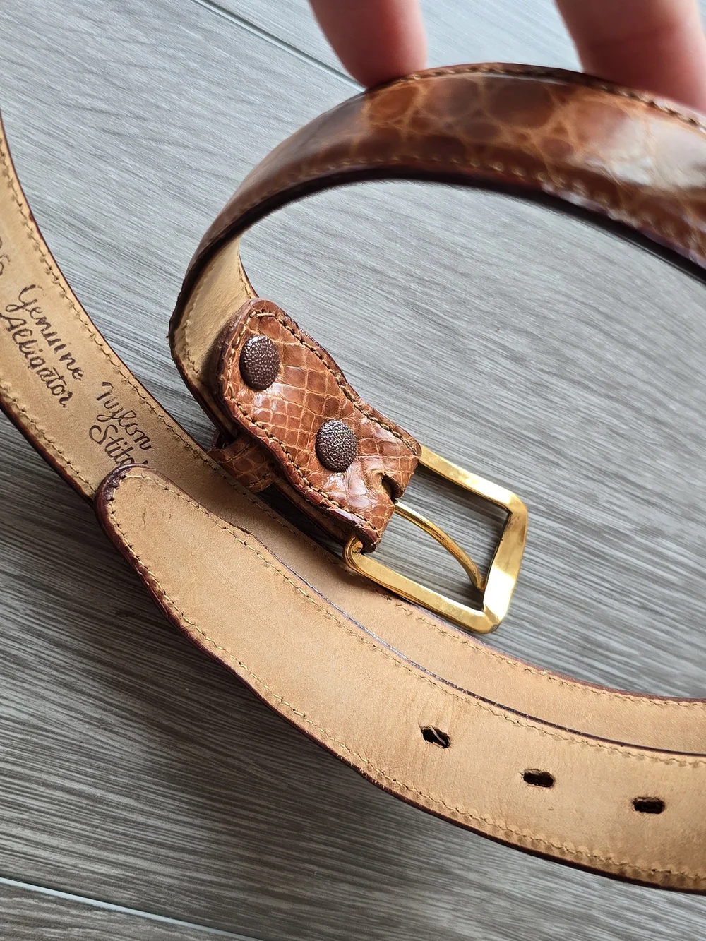 Genuine Alligator Belt Mens 36 Cognac Tan Brass Buckle Nylon Stitched Exotic